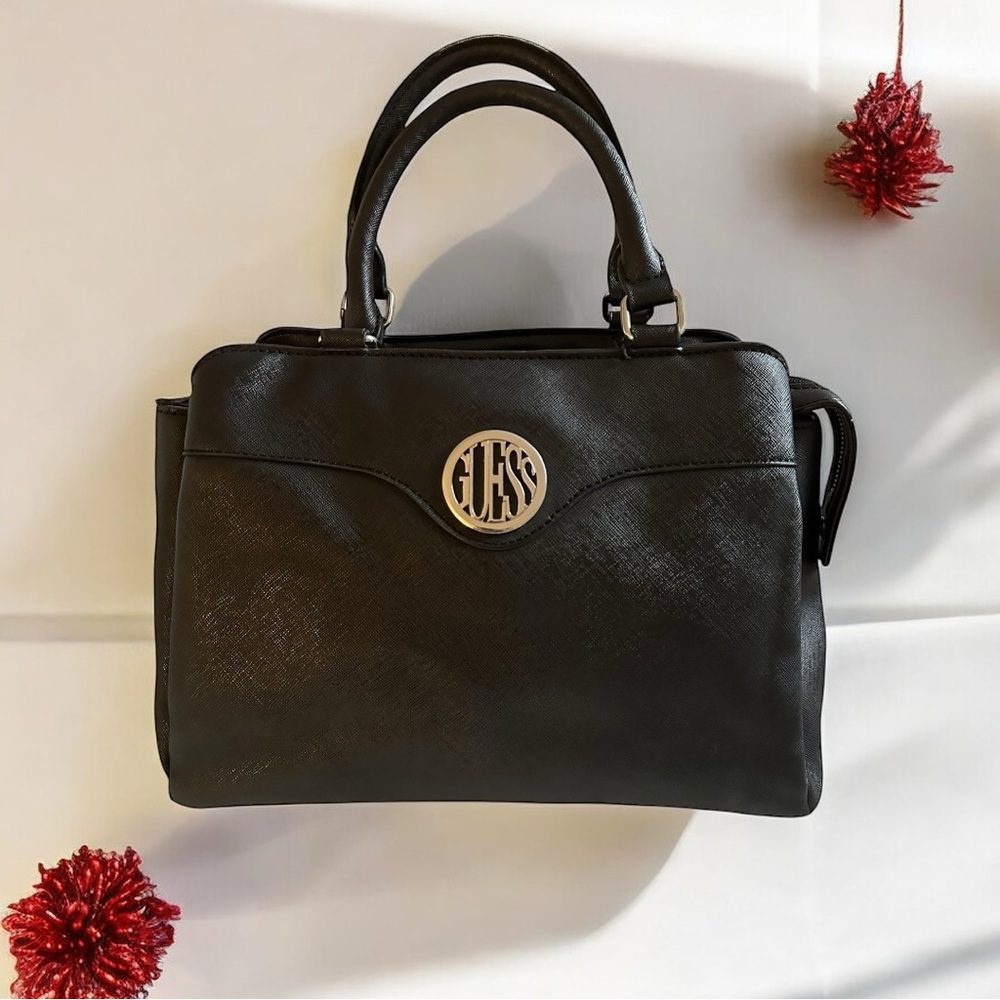 Original Guess Handbag Vintage Logo Satchel Patent Textured Leather Black